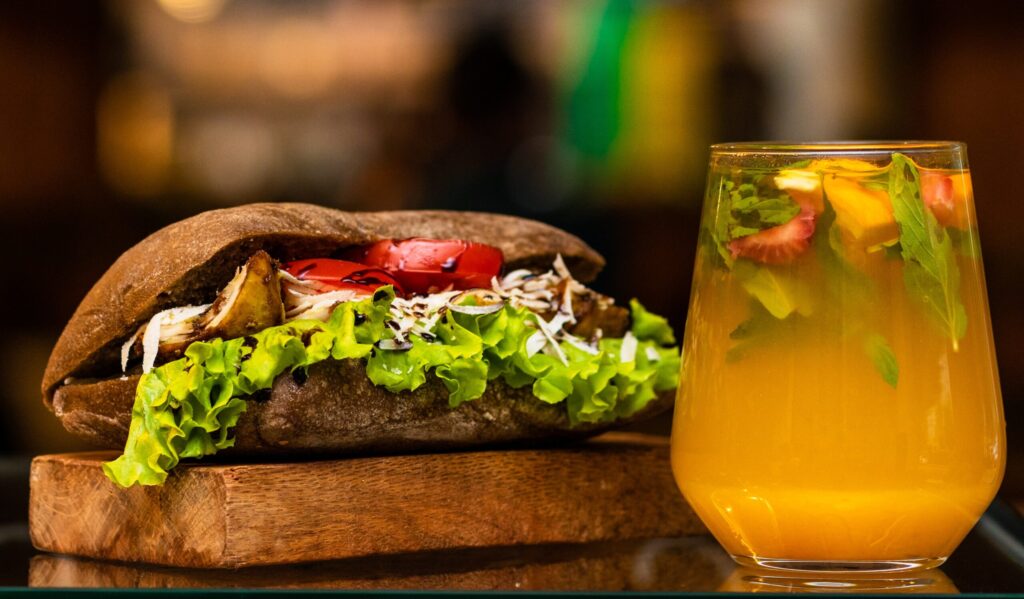 Vegetarian sandwich and a juice